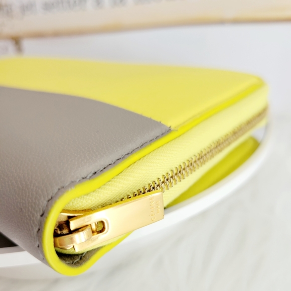 Celine Wallet Leather Bi-color Neon Yellow Beige Continental Large Zippy EUC - Picture 13 of 16
